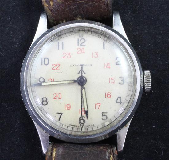 A 1940s gentlemans stainless steel Longines military manual wind wrist watch,